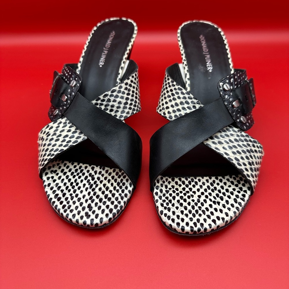 Donald J. Pliner Black and White Mules with Cross-Strap Design
